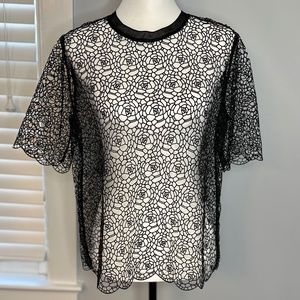 Per Se Black embroidered floral lace top. Short sleeve, sheer. SZ12. NEW no tags